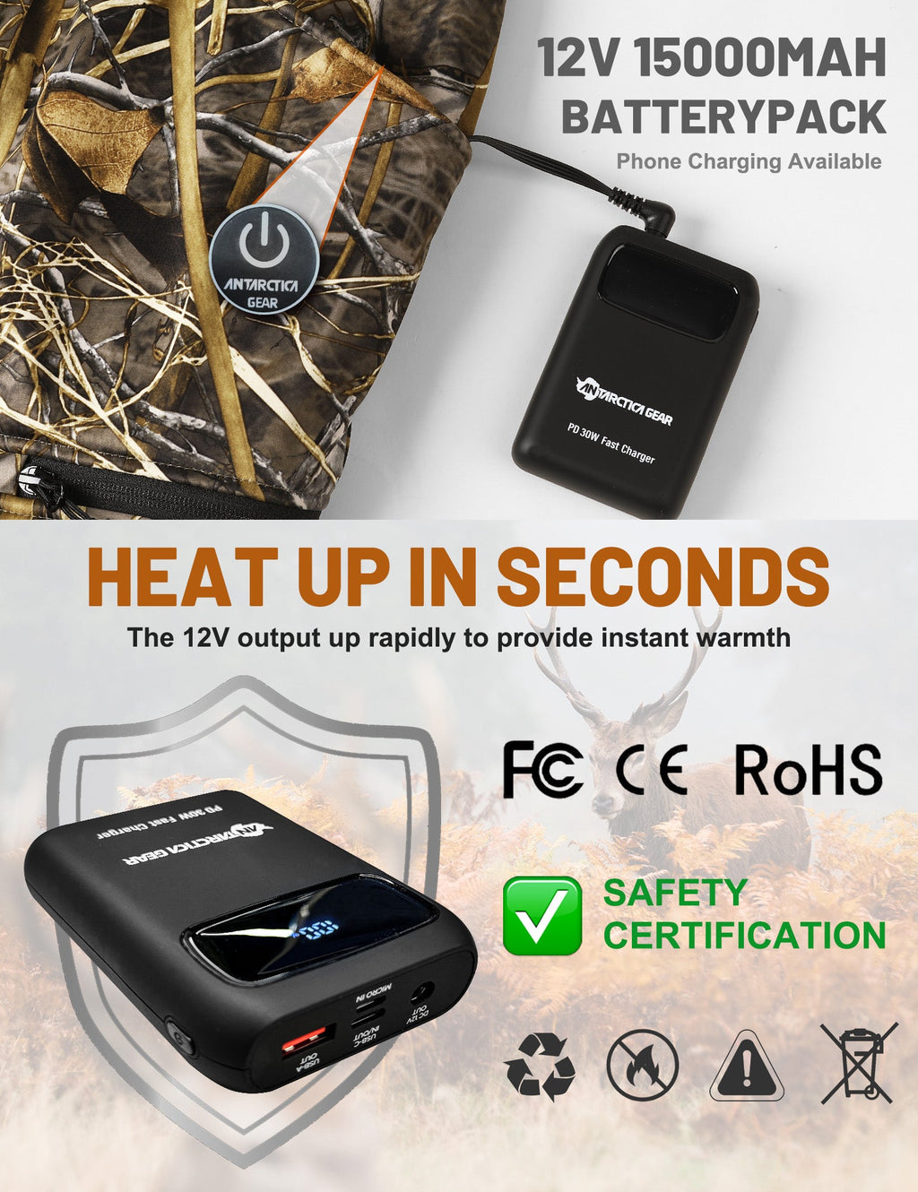 ANTARCTICA GEAR Hunting Heated Pants for Men with 12V 15000mAh Battery