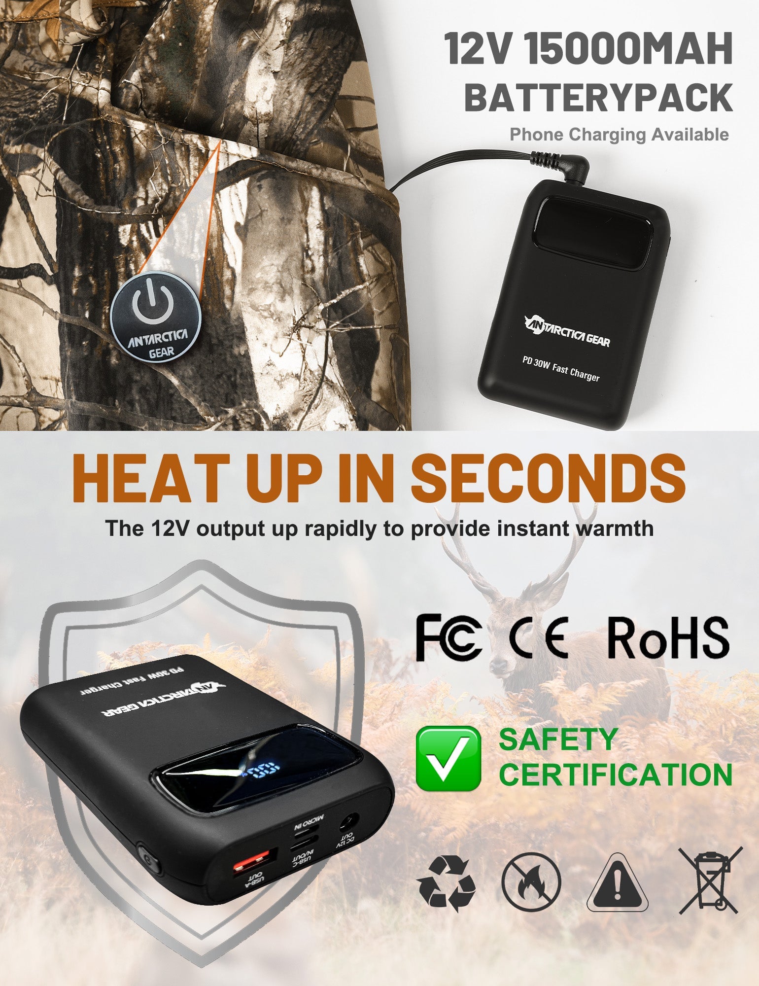 ANTARCTICA GEAR Hunting Heated Pants for Men with 12V 15000mAh Battery