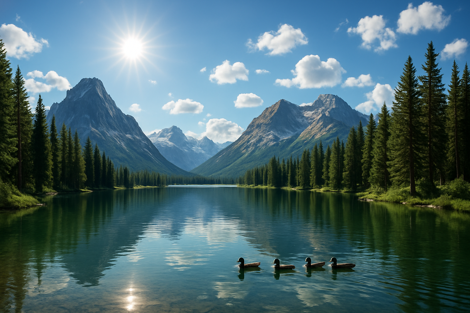 mountains, lake, pine trees, ducks, sun, clouds