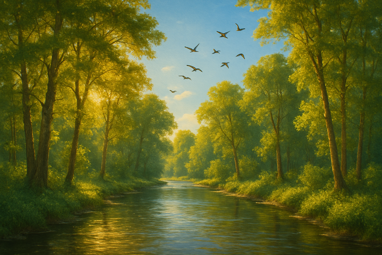 river, trees, sunlight, birds in the sky