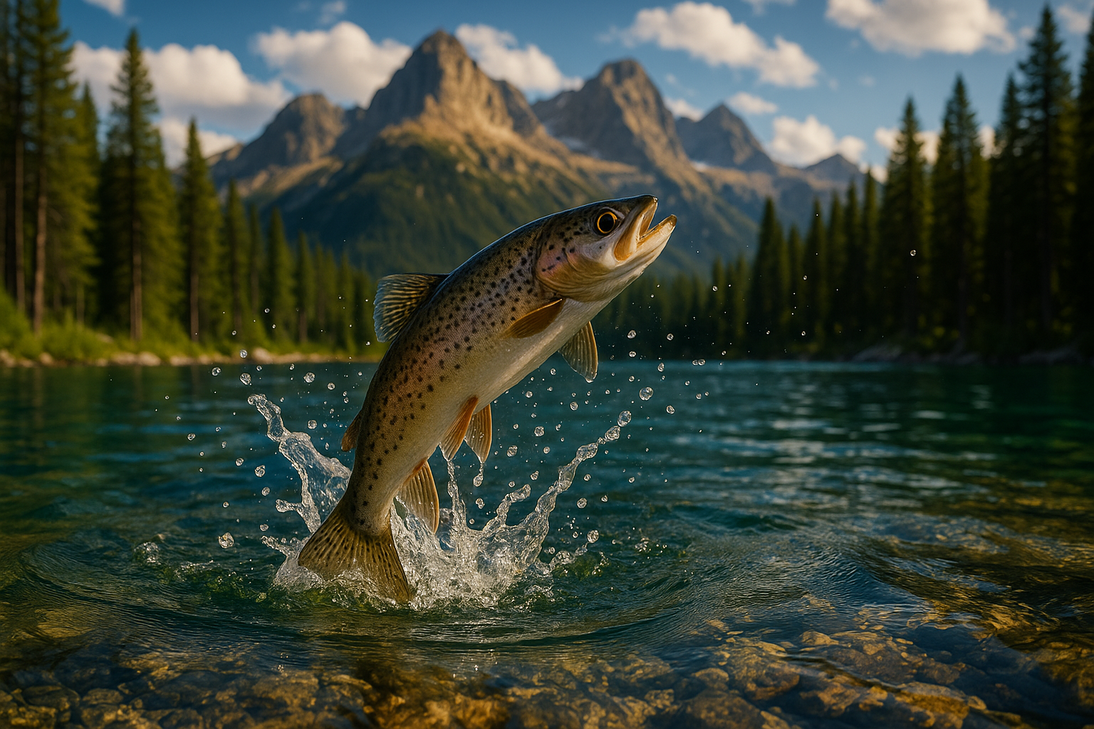 trout jumping out of the water, mountains in the background, pine trees
